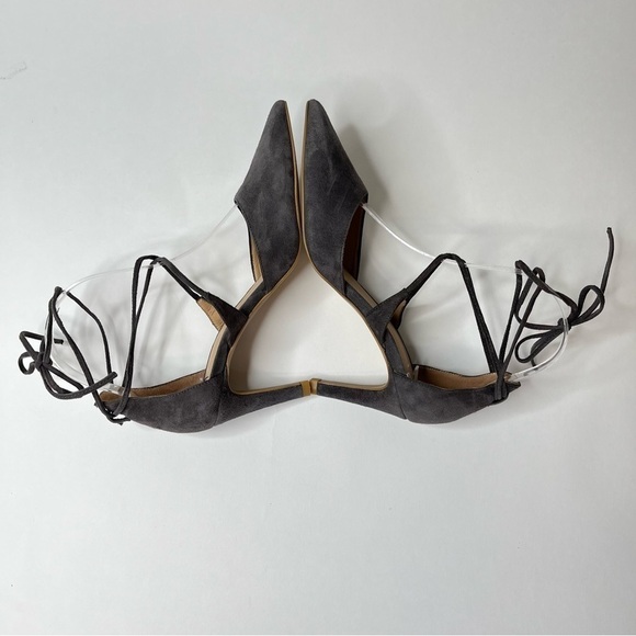 PERLATO Grey Suede Ankle Tie-up Sexy Pointed Toe Pumps Heels Shoes - Picture 5 of 12